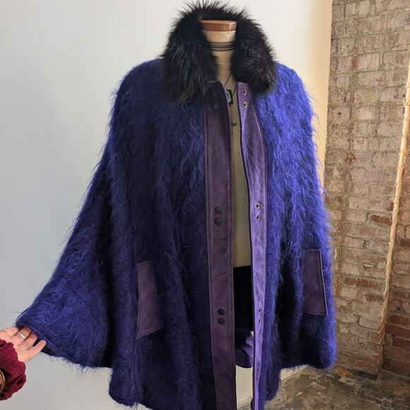 Vintage Leather Penny Lane Jacket Faux Fur Furry 70s Afghan Tapestry Trench Coat - Picture 15 of 16